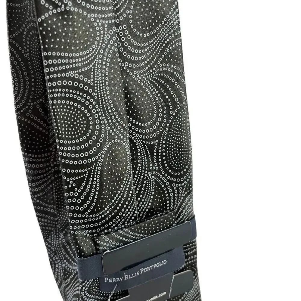 Perry Ellis Portfolio Mens Gray Olive Paisley 100% Silk Hand Made Necktie Tie